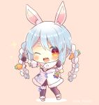  1girl ;d animal_ear_fluff animal_ears bangs black_gloves black_legwear black_leotard blue_hair blush boots bow braid brown_background bunny-shaped_pupils carrot_hair_ornament chibi commentary_request don-chan_(usada_pekora) dress eyebrows_visible_through_hair food_themed_hair_ornament full_body fur-trimmed_boots fur-trimmed_dress fur-trimmed_gloves fur_trim gloves hair_between_eyes hair_bow hair_ornament hololive index_finger_raised kouu_hiyoyo leotard long_hair multicolored_hair one_eye_closed open_mouth outstretched_arm pantyhose rabbit_ears red_eyes short_eyebrows smile standing strapless strapless_dress strapless_leotard thick_eyebrows twin_braids twintails two-tone_hair upper_teeth usada_pekora very_long_hair virtual_youtuber white_bow white_dress white_footwear white_hair 