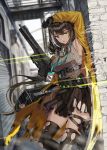  1girl arm_up armpits black_gloves black_hair black_legwear blurry blurry_background breasts building floating_hair gas_mask girls_frontline gloves gun hand_up headset heterochromia highres holding holding_gun holding_weapon id_card lanyard large_breasts long_hair long_sleeves looking_at_viewer miniskirt multicolored_hair open_clothes parted_lips pleated_skirt ro635_(girls_frontline) silence_girl skirt sleeveless solo standing streaked_hair thigh-highs thighs torn_clothes torn_legwear torn_skirt very_long_hair weapon yellow_eyes 