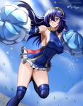  1girl absurdres armpits artist_name bare_shoulders blue_eyes blue_hair breasts cheerleader commentary_request fire_emblem hair_between_eyes highres long_hair looking_at_viewer lucina lucina_(fire_emblem) medium_breasts panties parted_lips patreon_username pom_pom_(clothes) sideboob skirt smile solo teeth thigh-highs underwear vilde_loh_hocen watermark web_address 