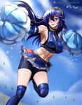  1girl abs absurdres armpits artist_name bare_shoulders bike_shorts blue_eyes blue_hair blush breasts cheerleader commentary_request fire_emblem hair_between_eyes highres long_hair looking_at_viewer lucina lucina_(fire_emblem) medium_breasts midriff navel open_mouth patreon_username pom_pom_(clothes) sideboob skirt smile solo teeth thigh-highs tongue vilde_loh_hocen watermark web_address 