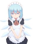  1girl alternate_costume apron bangs black_dress blue_eyes blush cirno commentary_request cowboy_shot detached_wings dress enmaided highres holding holding_tray ice ice_wings kae_karee looking_down maid maid_headdress medium_hair neck_ribbon raised_eyebrows red_neckwear ribbon short_sleeves simple_background solo straight_hair touhou tray white_background wings 
