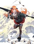  1girl absurdres arknights bagpipe_(arknights) dragon_horns explosive gloves grenade gunlance highres horns long_hair mofumancy orange_hair plaid plaid_skirt shell_casing skirt smile steam violet_eyes 