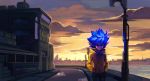  1girl blue_eyes blue_hair commentary cyberpunk elf english_commentary flat_chest hands_in_pockets highres hood hood_down hoodie lamppost original pointy_ears ron_tsfany solo spiky_hair sunset walking yellow_(ron_tsfany) yellow_hoodie 