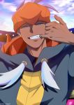  1boy alex_panglima black_hoodie blue_eyes clouds commentary dark_skin dark_skinned_male day earrings gym_leader highres hood jewelry looking_at_viewer male_focus mouth_pull orange_headwear outdoors pokemon pokemon_(game) pokemon_swsh raihan_(pokemon) sky smile solo teeth 