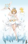  1girl absurdres antenna_hair bare_legs brown_hair cardcaptor_sakura crown crystal dress full_body gloves gradient gradient_background green_eyes highres jumping kero kinomoto_sakura short_hair signature sleeveless sleeveless_dress solo staff star_(symbol) starcat white_dress white_footwear white_gloves winged_staff yume_no_tsue 