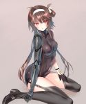  1girl absurdres black_footwear black_gloves black_legwear black_leotard blush breasts brown_hair covered_navel eyebrows_visible_through_hair full_body garter_straps girls_frontline gloves hair_ribbon hairband hand_on_own_thigh highres huge_filesize kneeling leotard long_hair mechanical_arm parted_lips pottsness red_eyes ribbon serious sidelocks simple_background small_breasts solo thigh-highs thighs type_79_(girls_frontline) white_hairband white_ribbon 