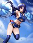  1girl abs absurdres armpits artist_name bare_shoulders blue_eyes blue_hair blush breasts cheerleader commentary_request fire_emblem hair_between_eyes highres long_hair looking_at_viewer lucina lucina_(fire_emblem) medium_breasts midriff navel panties patreon_username pom_pom_(clothes) sideboob skirt smile solo thigh-highs under_boob underwear vilde_loh_hocen watermark web_address 