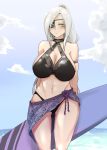  1girl 2poet alchemist_(girls_frontline) alternate_costume bikini breasts eyepatch girls_frontline highres huge_breasts long_hair navel sangvis_ferri skindentation solo swimsuit very_long_hair white_hair yellow_eyes 