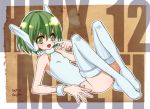  1girl android breasts commentary_request green_eyes green_hair kanoe_youshi leotard looking_at_viewer multi open_mouth robot_ears short_hair smile solo thigh-highs to_heart 