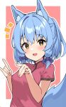  1girl :d alternate_costume animal_ear_fluff animal_ears blue_hair blue_tail blush border bow breasts china_dress chinese_clothes commentary crossed_bangs cuddling double_fox_shadow_puppet dress eyelashes fox_ears fox_girl fox_shadow_puppet fox_tail hair_between_eyes hair_bow half_updo hands_up highres looking_at_viewer machikado_mazoku nokia_hiyou notice_lines pink_background purple_bow red_dress riko_(machikado_mazoku) short_hair short_ponytail short_sleeves sidelocks simple_background small_breasts smile solo symbol-only_commentary tail upper_body white_border yellow_eyes 