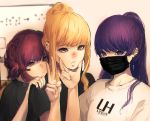  3girls blonde_hair brown_eyes cheek_squash chin_piercing cross cross_earrings ear_piercing earrings hair_bun hand_on_another&#039;s_shoulder highres idol jewelry looking_at_viewer multiple_girls original piercing ponytail pout purple_hair rakugaki_suruhito red_nose redhead single_earring v violet_eyes 