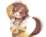  1girl :d animal_ears arm_up bangs blue_bow blush bone_hair_ornament bow braid brown_eyes brown_hair cartoon_bone choker commentary_request dog_ears dog_girl dog_tail dress hair_between_eyes hair_over_shoulder hololive inugami_korone jacket long_hair looking_at_viewer off_shoulder open_clothes open_jacket open_mouth red_bow red_choker seramikku simple_background sleeveless sleeveless_dress smile solo tail twin_braids virtual_youtuber white_background white_dress yellow_jacket 