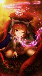  1girl black_shirt blush bow cape commentary_request disembodied_head hair_bow highres holding_head kneeling looking_at_viewer millzyuron one_eye_closed red_cape red_eyes red_skirt redhead sekibanki shirt short_hair skirt smile solo touhou 