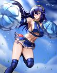  1girl abs absurdres armpits artist_name bare_shoulders blue_eyes blue_hair blush breasts cheerleader commentary_request fire_emblem hair_between_eyes highres long_hair looking_at_viewer lucina lucina_(fire_emblem) medium_breasts midriff navel panties patreon_username pom_pom_(clothes) skirt smile solo thigh-highs under_boob underwear vilde_loh_hocen watermark web_address 