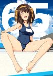  1girl barefoot breasts brown_hair closed_eyes clouds commentary countdown covered_navel full_body groin hair_ribbon happy haruhisky highres large_breasts open_mouth pool ribbon school_swimsuit short_hair sky solo suzumiya_haruhi suzumiya_haruhi_no_yuuutsu swimsuit wet yellow_ribbon 