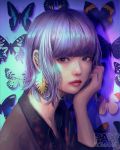  1girl bangs blunt_bangs bright_pupils bug butterfly closed_mouth ear_piercing earrings hand_up highres insect jewelry lipstick looking_at_viewer makeup medium_hair original piercing purple_hair purple_theme red_lips red_lipstick solo upper_body violet_eyes wataboku white_pupils 