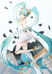 1girl absurdly_long_hair ahoge aqua_eyes aqua_hair ass bangs bare_arms bare_shoulders blurry blurry_background breasts dress finger_to_face full_body hair_ornament hatsune_miku headphones highres jewelry long_hair looking_at_viewer looking_to_the_side miku_symphony_(vocaloid) necklace plantar_flexion record shards shoe_soles shoes short_dress single_thighhigh solo strapless strapless_dress thigh-highs twintails very_long_hair vocaloid white_dress white_footwear white_legwear yan_er10 