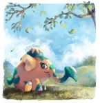  artist_name artsy-theo black_eyes closed_mouth clouds commentary cufant day elephant gen_8_pokemon grass leaves_in_wind looking_to_the_side no_humans outdoors pokemon pokemon_(creature) sitting sky smile 