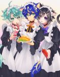  3boys alternate_costume animal_ears apron aqua_eyes astel_leda black_dress black_hair blonde_hair blue_hair cat_boy cat_ears cat_tail crossdressinging dress drinking_straw enmaided food green_eyes green_hair hair_ornament hairclip highres holding holding_plate holostars kagami_kira kanade_izuru looking_at_viewer maid maid_apron maid_headdress male_focus milkshake multicolored_hair multiple_boys ohita_hio open_mouth otoko_no_ko plate smile streaked_hair tail two_side_up violet_eyes virtual_youtuber white_apron 