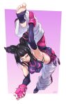  1girl ass black_hair breasts commentary drill_hair feet han_juri highres leg_lift medium_breasts nail_polish ozkh6 pink_background pink_eyes signature solo street_fighter street_fighter_iv_(series) toes tongue tongue_out twin_drills 