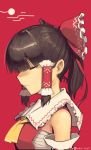  1girl ascot bare_shoulders boa_(brianoa) bow brown_hair closed_eyes closed_mouth from_side hair_bow hair_tubes hakurei_reimu highres ponytail profile red_background red_bow simple_background solo touhou twitter_username upper_body yellow_neckwear 