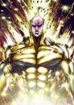  1boy abs black_sclera bodysuit frown gold golden_sperm highres looking_at_viewer male_focus muscle one-punch_man signature skin_tight solo sparkle the_golden_smurf upper_body veins 
