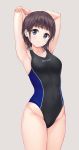  1girl armpits arms_up blue_eyes brown_hair competition_swimsuit highleg highleg_swimsuit highres one-piece_swimsuit original pasdar short_hair smile solo swimsuit 