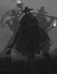  3boys absurdres bloodborne cape cloak coat commentary death english_text fire gloves glowing glowing_eyes greyscale hat hat_over_one_eye highres holding holding_scythe holding_sword holding_torch holding_weapon hunting monochrome multiple_boys nightmare_hunter_(bloodborne) outdoors over_shoulder scythe shaded_face signature standing sword torch torn_cape torn_cloak torn_clothes tripdancer walking weapon weapon_over_shoulder 