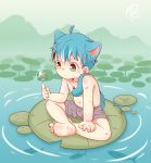  absurdres animal_ears artist_request blue_hair commentary floating floating_object highres magic original outdoors pond shorts textless 