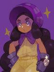  1girl bare_arms black_hair bonnet closed_mouth commentary_request dark_skin ester_(yhs1862) eyelashes gloves hapu_(pokemon) highres island_kahuna jumpsuit korean_commentary long_hair pokemon pokemon_(game) pokemon_sm purple_background sleeveless solo thick_eyebrows twintails violet_eyes 