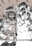  1girl :3 animal_ears ankle_boots antennae backpack bag boots detonator dress emphasis_lines explosion facing_viewer holding inaba_tewi jewelry monochrome necklace poronegi rabbit_ears solo standing sunglasses touhou 
