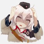  1girl bangs black_headwear fujiwara_rein garrison_cap girls_frontline grey_background hair_ornament hairclip hat jacket long_hair long_sleeves open_mouth shaded_face silver_hair simple_background solo svd_(girls_frontline) tears 