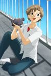  1boy absurdres aida_kensuke blue_eyes brown_hair camcorder day fence freckles glasses highres looking_at_viewer looking_up neon_genesis_evangelion on_roof open_mouth outdoors rooftop school_uniform shoes smile sneakers ultrajony 