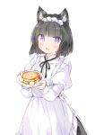  1girl :d animal_ear_fluff animal_ears apron bangs black_hair black_ribbon black_skirt blush cat_ears commentary_request eyebrows_visible_through_hair fang food frilled_apron frills hands_up holding holding_plate juliet_sleeves komugi_(wataame27) long_sleeves looking_at_viewer neck_ribbon open_mouth original pancake plate puffy_sleeves ribbon shirt simple_background skirt smile solo stack_of_pancakes violet_eyes waitress wataame27 white_apron white_background white_shirt 