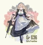 1girl absurdres apron assault_rifle bangs black_footwear blonde_hair blue_eyes blush boots braid braided_bangs braided_ponytail breasts character_name closed_mouth corset curtsey dress eyebrows_visible_through_hair finger_on_trigger frills full_body g36_(girls_frontline) girls_frontline gradient_hair gun h&amp;k_g36 hair_between_eyes heckler_&amp;_koch high_heel_boots high_heels highres holding holding_gun holding_weapon huge_filesize long_hair looking_at_viewer maid maid_apron maid_day maid_headdress medium_breasts multicolored_hair pottsness rifle sidelocks skirt_hold smile solo very_long_hair weapon white_hair 