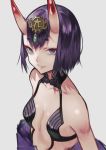  1girl absurdres bangs bare_shoulders bob_cut breasts collarbone eyeliner fate/grand_order fate_(series) headpiece highres horns japanese_clothes kimono looking_at_viewer makeup off_shoulder oni oni_horns purple_hair purple_kimono revealing_clothes short_eyebrows short_hair shuten_douji_(fate/grand_order) skin-covered_horns small_breasts smile violet_eyes yoshio_(55level) 