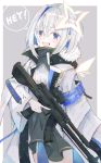  1girl alternate_costume amane_kanata assault_rifle english_commentary english_text grey_background gun hair_ornament highres hololive inabareito jacket open_mouth rifle scope short_hair silver_hair simple_background trigger_discipline violet_eyes virtual_youtuber weapon 