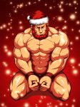  1boy abs bara bare_chest beard bound bound_wrists chest covering covering_crotch facial_hair fate/grand_order fate/zero fate_(series) full_body hat highres iskandar_(fate) male_focus muscle nipples red_eyes redhead santa_hat scar short_hair smirk solo thick_thighs thighs zelo-lee 