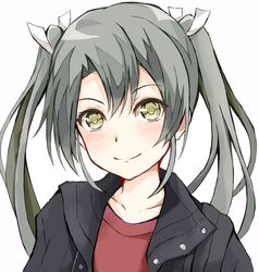  1girl alternate_costume black_jacket commentary_request dairyo3 grey_hair hair_ribbon highres jacket kantai_collection long_hair looking_at_viewer red_shirt ribbon shirt simple_background smile solo twintails upper_body white_background white_ribbon yellow_eyes zuikaku_(kantai_collection) 