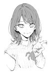  1girl blush clothing_cutout commentary_request cropped_torso eyelashes greyscale hand_up highres looking_at_viewer medium_hair monochrome original shoulder_cutout simple_background smile solo sweater upper_body v vice_(kuronekohadokoheiku) 