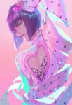  1boy black_hair bob_cut bruno_buccellati chest_tattoo cleavage_cutout clothing_cutout detached_arm hair_ornament hairclip hand_in_hair highres jojo_no_kimyou_na_bouken male_focus pink_hair pink_theme purple_hair scar6105 solo tattoo vento_aureo zipper 