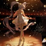  1girl absurdres bare_arms bare_shoulders breasts closed_mouth commentary_request dress grey_eyes grey_hair hair_ornament hatsune_miku highres indoors long_hair looking_away looking_to_the_side miku_symphony_(vocaloid) official_art saihate_(d3) see-through shoes single_thighhigh small_breasts solo standing strapless strapless_dress thigh-highs tiptoes twintails very_long_hair vocaloid watermark white_dress white_footwear white_legwear wooden_floor 