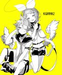 1boy 1girl absurdres bangs bare_shoulders bass_clef belt black_collar black_shorts bow collar commentary crop_top feathered_wings finger_gun greyscale hair_bow hair_ornament hairclip half-closed_eyes headphones highres holding_belt kagamine_len kagamine_rin kneeling looking_at_viewer midriff monochrome navel neckerchief necktie one_eye_closed open_mouth oyamada_gamata sailor_collar school_uniform shirt short_hair short_shorts short_sleeves shorts sitting sleeveless sleeveless_shirt sleeves_removed smile spiky_hair swept_bangs symbol_commentary vocaloid white_bow white_shirt wings yellow_background 