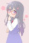  1girl bangs bespectacled black_hair blue_dress blush brown_background commentary covered_mouth dress eyebrows_visible_through_hair flower glasses hair_between_eyes hair_flower hair_ornament hand_up jigatei_(omijin) long_hair long_sleeves looking_at_viewer looking_to_the_side pink_flower red-framed_eyewear sailor_collar sailor_dress shirosaki_hana shirt simple_background sleeveless sleeveless_dress solo symbol_commentary translation_request very_long_hair watashi_ni_tenshi_ga_maiorita! white_sailor_collar white_shirt 