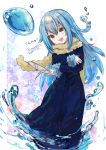  2others androgynous bangs blue_hair dual_persona eyebrows_visible_through_hair fur-trimmed_sleeves fur_collar fur_trim hair_between_eyes long_hair long_sleeves looking_at_viewer multiple_others open_mouth rimuru_tempest romayasu scarf signature simple_background slime tensei_shitara_slime_datta_ken very_long_hair water yellow_eyes 