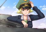  1girl blonde_hair blue_jacket blue_sky brown_eyes closed_mouth clouds cloudy_sky commentary day erwin_(girls_und_panzer) girls_und_panzer green_headwear green_shirt ground_vehicle hand_on_headwear hat highres jacket long_sleeves looking_at_viewer military military_hat military_uniform military_vehicle motor_vehicle omachi_(slabco) ooarai_military_uniform outdoors peaked_cap pointy_hair shirt short_hair sky smile solo tank tank_cupola uniform 