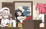  3girls airpot alternate_costume black_hair blue_swimsuit book cellphone commentary_request dated desk door flower fusou_(kantai_collection) gradient_hair hair_flower hair_ornament hamu_koutarou harusame_(kantai_collection) headband highres i-168_(kantai_collection) kantai_collection long_hair multicolored_hair multiple_girls pants phone pink_hair ponytail ramen red_eyes red_pants redhead ribbon school_swimsuit shirt side_ponytail sign smartphone swimsuit swimsuit_under_clothes t-shirt track_pants tripping white_shirt 