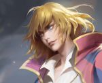  1boy bangs blonde_hair blue_eyes blurry blurry_background cape chelsea_sun chromatic_aberration collared_shirt commentary depth_of_field diamond_(shape) gold_necklace highres howl_(howl_no_ugoku_shiro) howl_no_ugoku_shiro jewelry lips looking_away looking_to_the_side male_focus necklace nose outdoors parted_lips pink_cape portrait print_cape realistic shirt sky smile solo upper_teeth white_shirt wind 