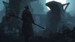  1other ambiguous_gender artist_name black_coat bloodborne castle coat commentary copyright_name dark facing_away from_behind full_moon grass hammer hat highres holding holding_hammer holding_weapon hunter_(bloodborne) moon outdoors ruins scenery solo standing tricorne tripdancer weapon 