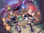  4girls acorn archfiend_marmot_of_nefariousness armband aussa badominton behemoth behemoth_the_king_of_all_animals belt bike_shorts blank_eyes blue_eyes blue_hair blush book breasts brown_eyes brown_hair chasing claws commentary_request demon_tail demon_wings dragon duel_monster eria fallen_down fangs forest fox fox_fire_(yuu-gi-ou) gigobyte glasses green_hair grin hiita large_breasts lizardman long_hair looking_back midriff monster multiple_girls nature open_mouth orange_eyes outdoors partial_commentary petit_dragon reading redhead robe running shoes short_hair skirt smile squirrel sweatdrop sweater tail tears thigh-highs tree wings worried wynn yuu-gi-ou zettai_ryouiki 